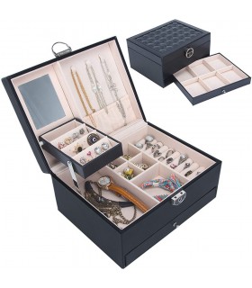 Стилна кожена кутия за бижута с 2 нива - ЦВЯТ ЧЕРЕН - код 2755