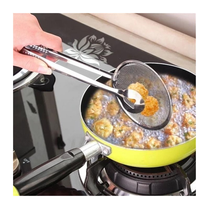 Метална Щипка с цедка за пържене и отцеждане 2в1