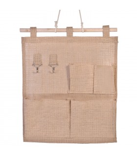 Кафяв висящ органайзер за стена от естествена материя с 4 джоба и 2 кукички